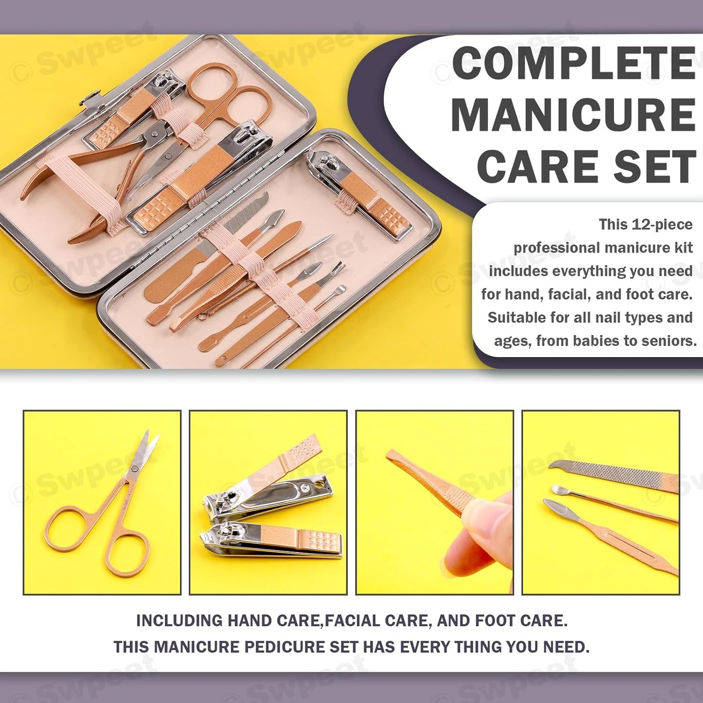 Swpeet 12Pcs Manicure Set, Nail Clippers Set, High Precisio Stainless Steel Nail Cutter Pedicure Kit Grooming Kit Manicure Fingernails, Toenails with Portable Stylish Case for Personal Care, Rose Gold