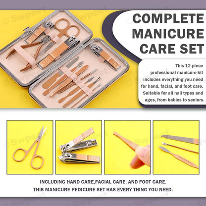 Swpeet 12Pcs Manicure Set, Nail Clippers Set, High Precisio Stainless Steel Nail Cutter Pedicure Kit Grooming Kit Manicure Fingernails, Toenails with Portable Stylish Case for Personal Care, Rose Gold