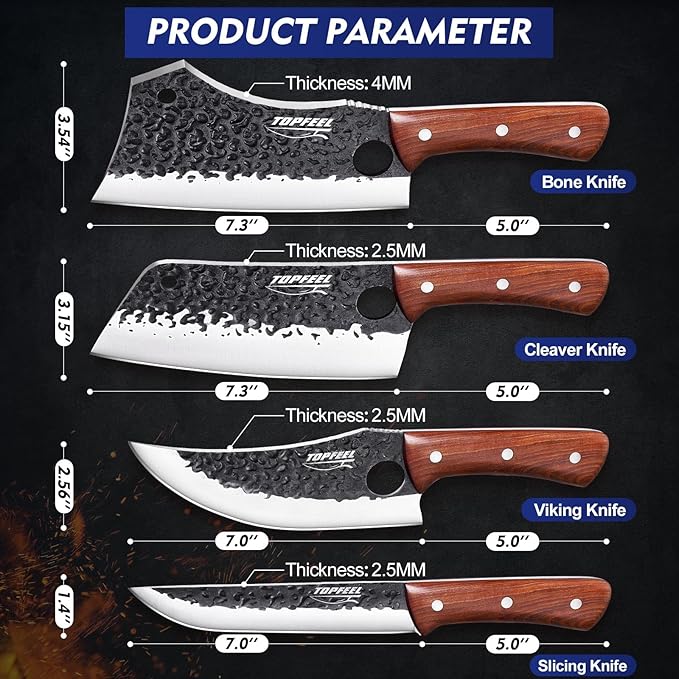 4PCS Meat Cleaver Set -Heavy Duty Bone Chopper & Meat Cleaver & Viking Knife & Slicing Knife, Chef Knives Set for Home Kitchen,Camping, BBQ Knives Gift for Men