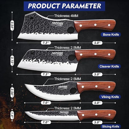 4PCS Meat Cleaver Set -Heavy Duty Bone Chopper & Meat Cleaver & Viking Knife & Slicing Knife, Chef Knives Set for Home Kitchen,Camping, BBQ Knives Gift for Men
