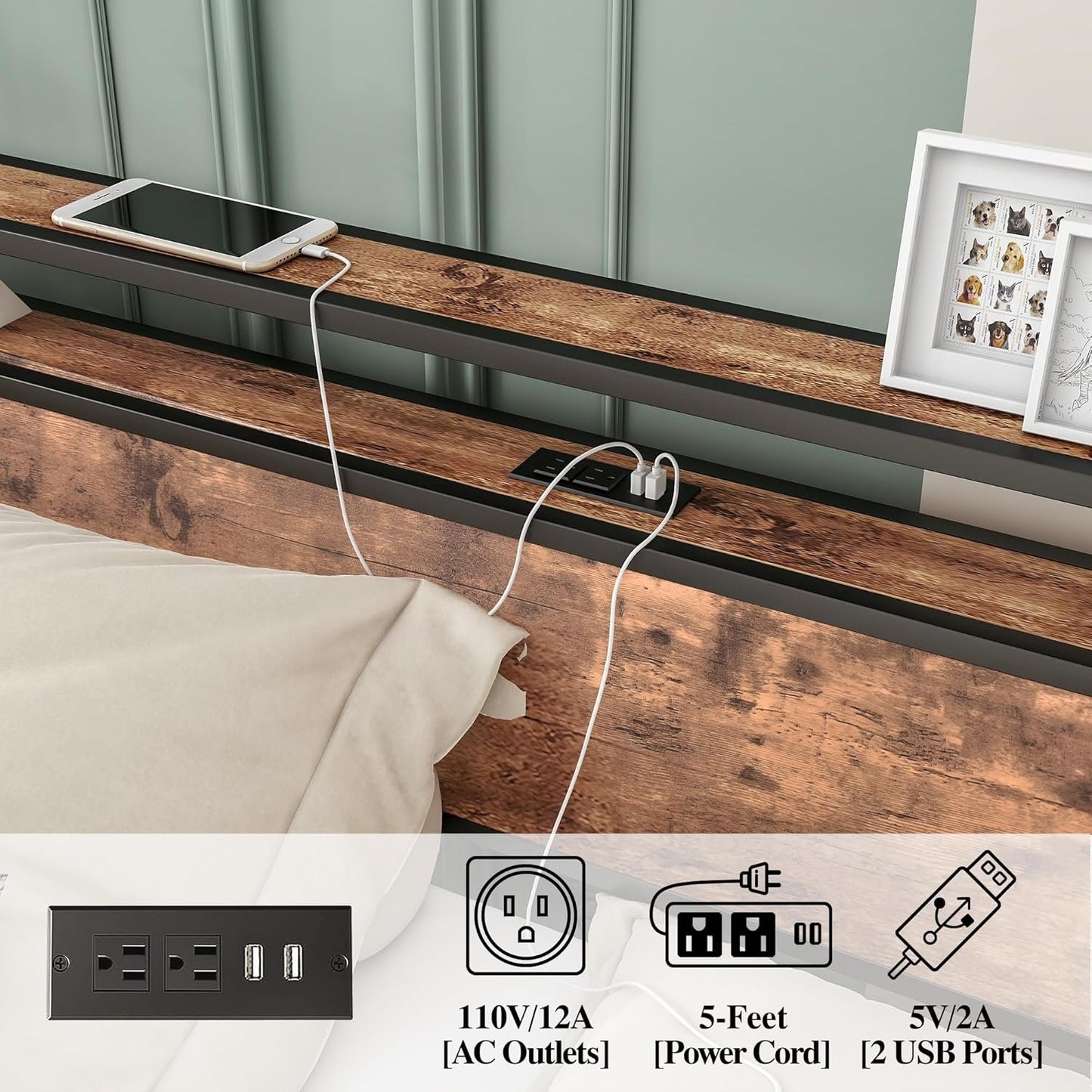 BOFENG Black King Size Bed Frame with 2-Tier Storage Headboard and Power Outlets,Charging Station,Platform Bed Frame King Size with 4 Storage Drawers,No Box Spring Needed,Sturdy and Noise Free,Brown