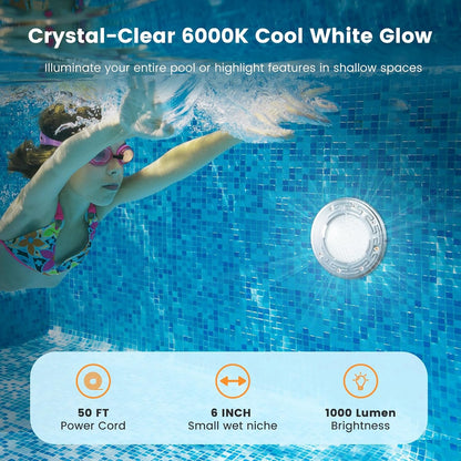 SURAIELEC 6 Inch Small LED Spa Light for Inground Pool, 120V AC 10W Underwater Pool Light, Cool White 6000K, Fits Pentair and Hayward Wet Niches, IP68 Waterproof, 50 FT Cord