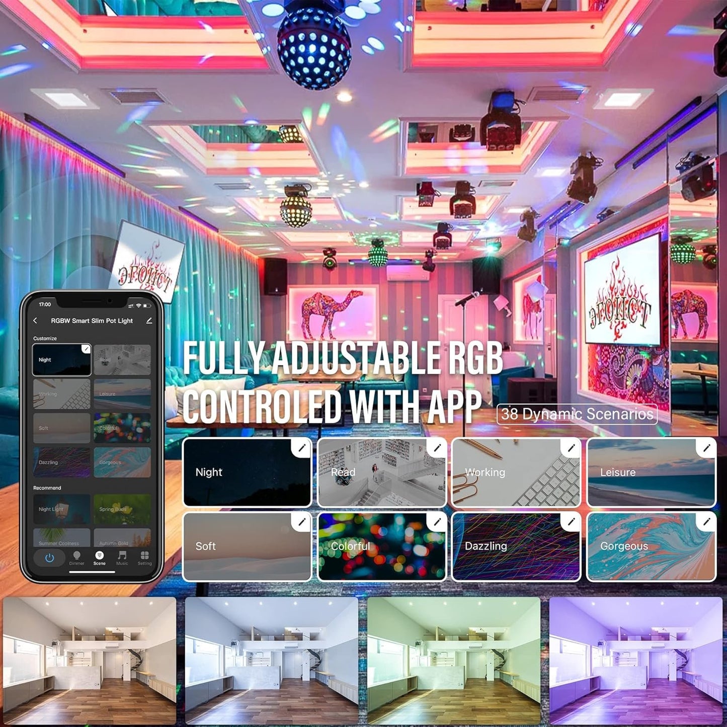 JULLISON 6" LED Smart Slim Recessed Pot Light, Square, WiFi APP & Voice Control, 120V, 13W, 1000LM, RGB + 2700K-6000K, ETL & FCC & IC Rated, Wet Location, Works With Alexa/Google Home, White - 4 Packs