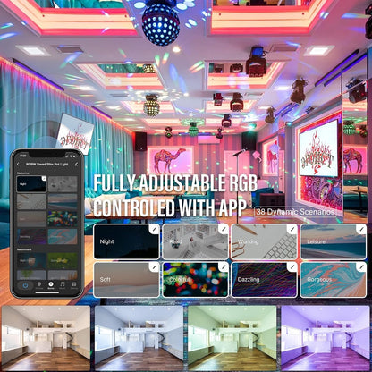 JULLISON 6" LED Smart Slim Recessed Pot Light, Square, WiFi APP & Voice Control, 120V, 13W, 1000LM, RGB + 2700K-6000K, ETL & FCC & IC Rated, Wet Location, Works With Alexa/Google Home, White - 4 Packs