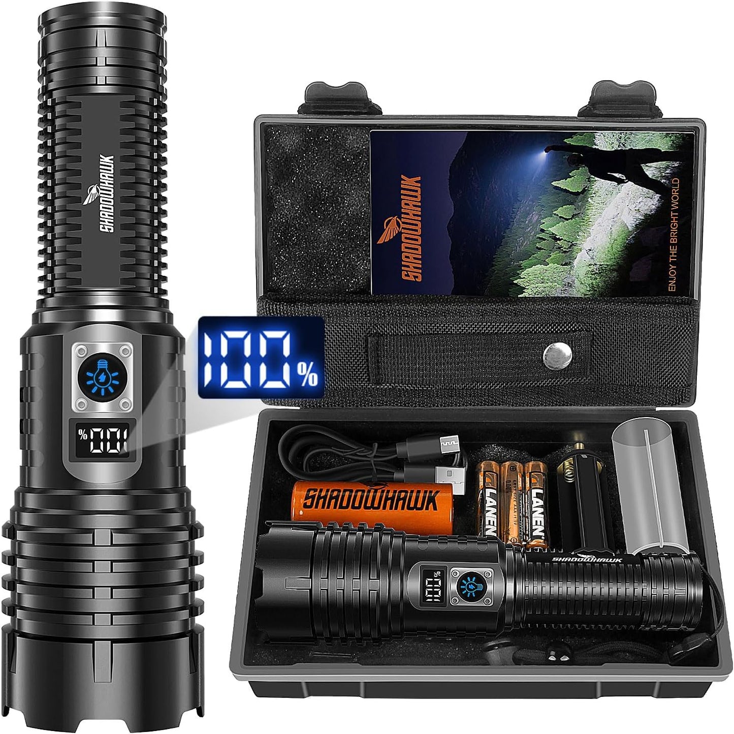 LED Torch Rechargeable Flashlight, Shadowhawk 30000 Lumens XHM77.2 Super Bright Torches, Handheld Torch Flashlight, Powerful Tactical Torch Waterproof Flash Light for Emergency Camping Gift