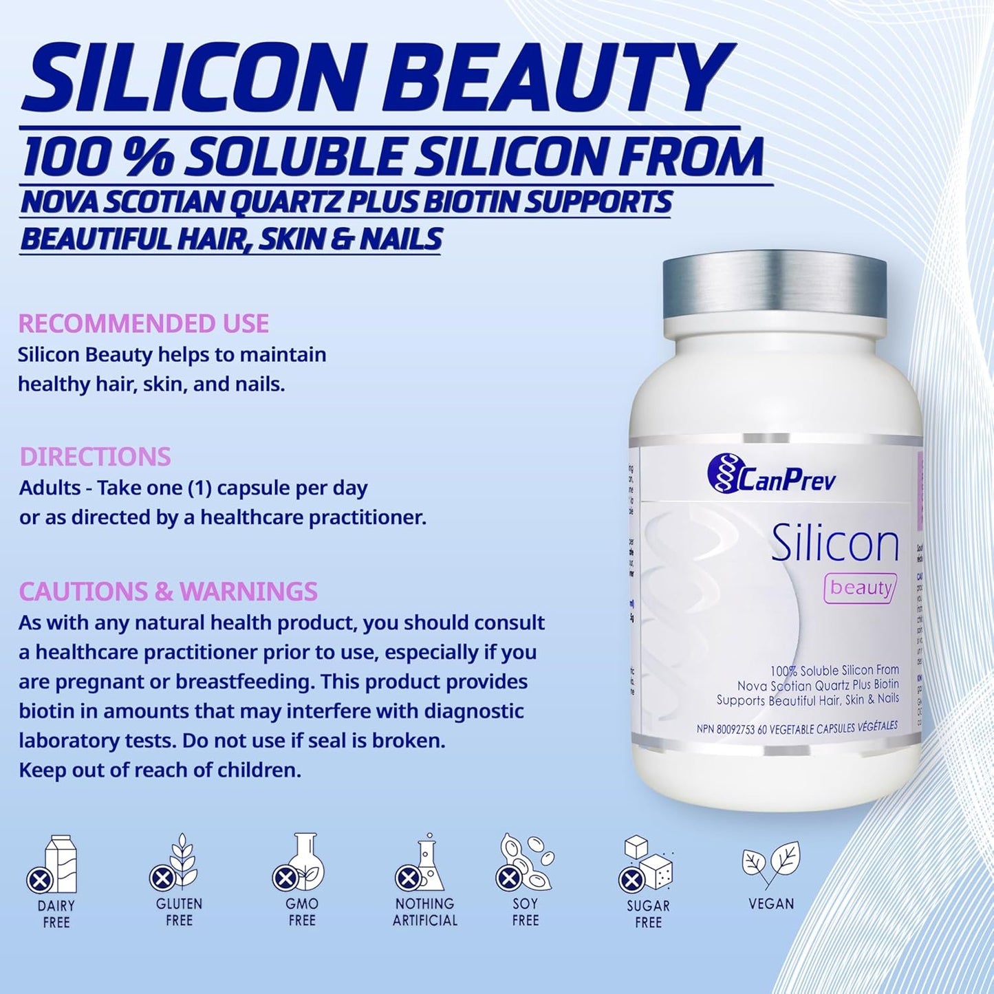 CanPrev - Silicon Beauty, 60 v-caps - Helps to Maintain Healthy Hair, Nail, Mucous Membranes and Skin - Helps to Prevent Biotin Deficiency