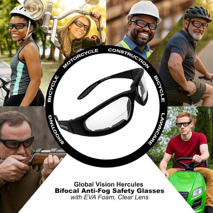 Global Vision Eyewear Hercules Bifocal 2.5 Magnification Anti-Fog Safety Glasses with EVA Foam, Clear Lens