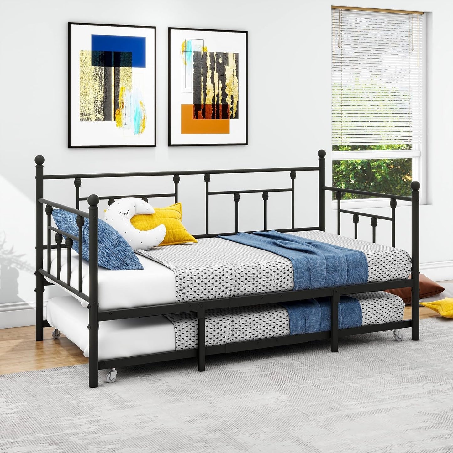 VERFARM Twin Size Metal Daybed Frame with Trundle, Premium Steel Slat Support, Multifunctional Mattress Foundation, Heavy-Duty Twin Day Bed Sofa with Headboard for Living Room Guest Room Bedroom