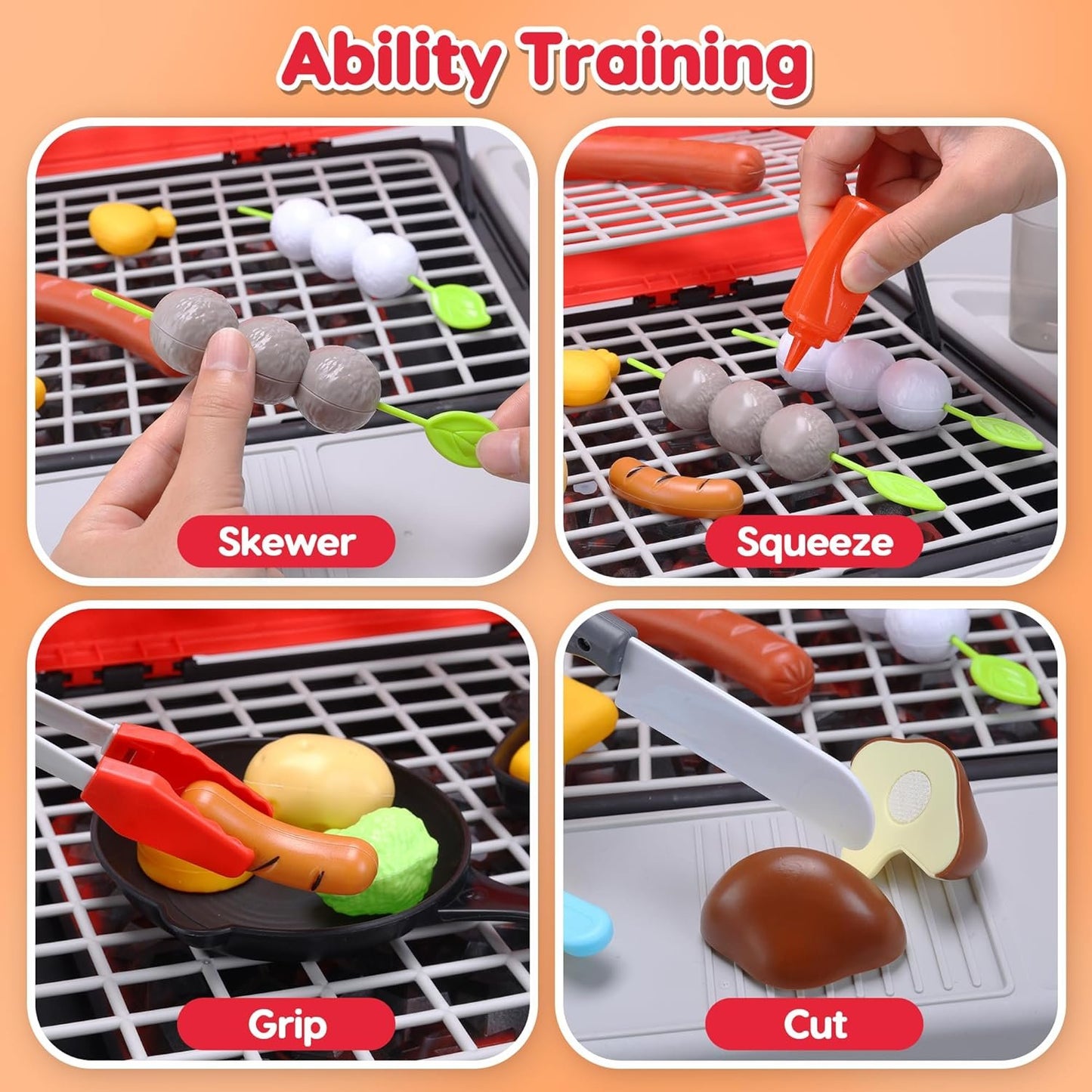 cute stone Kids BBQ Grill Playset, Toy Kitchen Set with Smoking Toy Barbecue Grill, Toy Kitchen Accessories, Indoor/Outdoor Interactive Pretend Play Toys for Boys Girls, 23.6" H