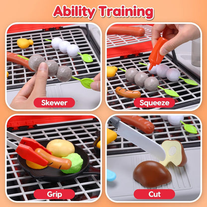 cute stone Kids BBQ Grill Playset, Toy Kitchen Set with Smoking Toy Barbecue Grill, Toy Kitchen Accessories, Indoor/Outdoor Interactive Pretend Play Toys for Boys Girls, 23.6" H