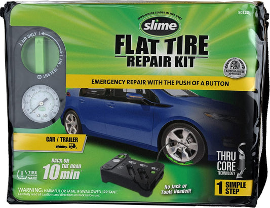 Slime 50122 Flat Tire Puncture Emergency Kit, Includes Sealant and Tire Inflator Pump, Analog, Suitable for Cars and Other Highway Vehicles, 10 Min Fix