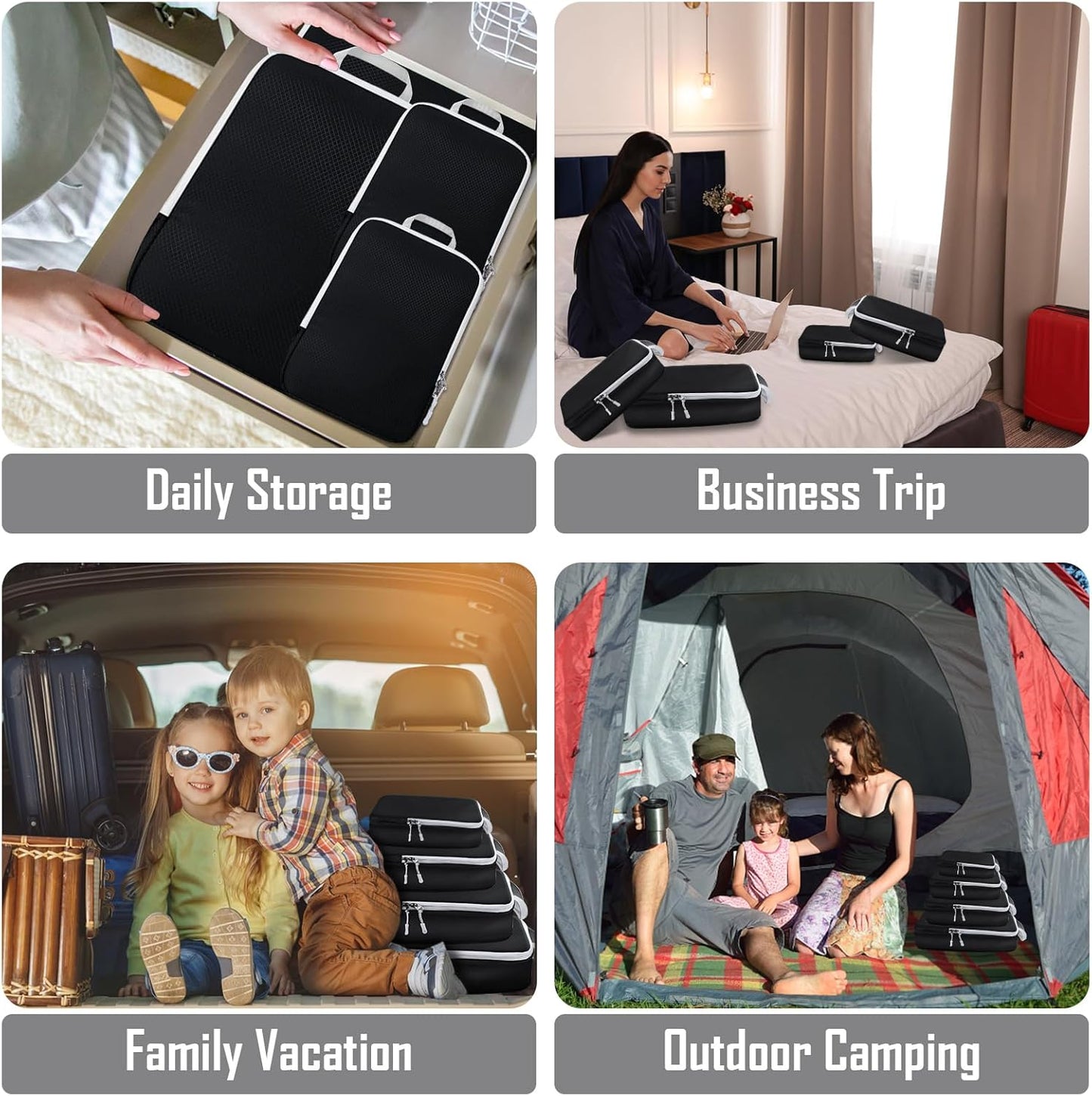 VMUTGA Suitcase Organizer, Compression Packing Cubes, Expandable Space-Saving Suitcase Organizer for Backpacks or Hand Luggage, 4 Pieces Black