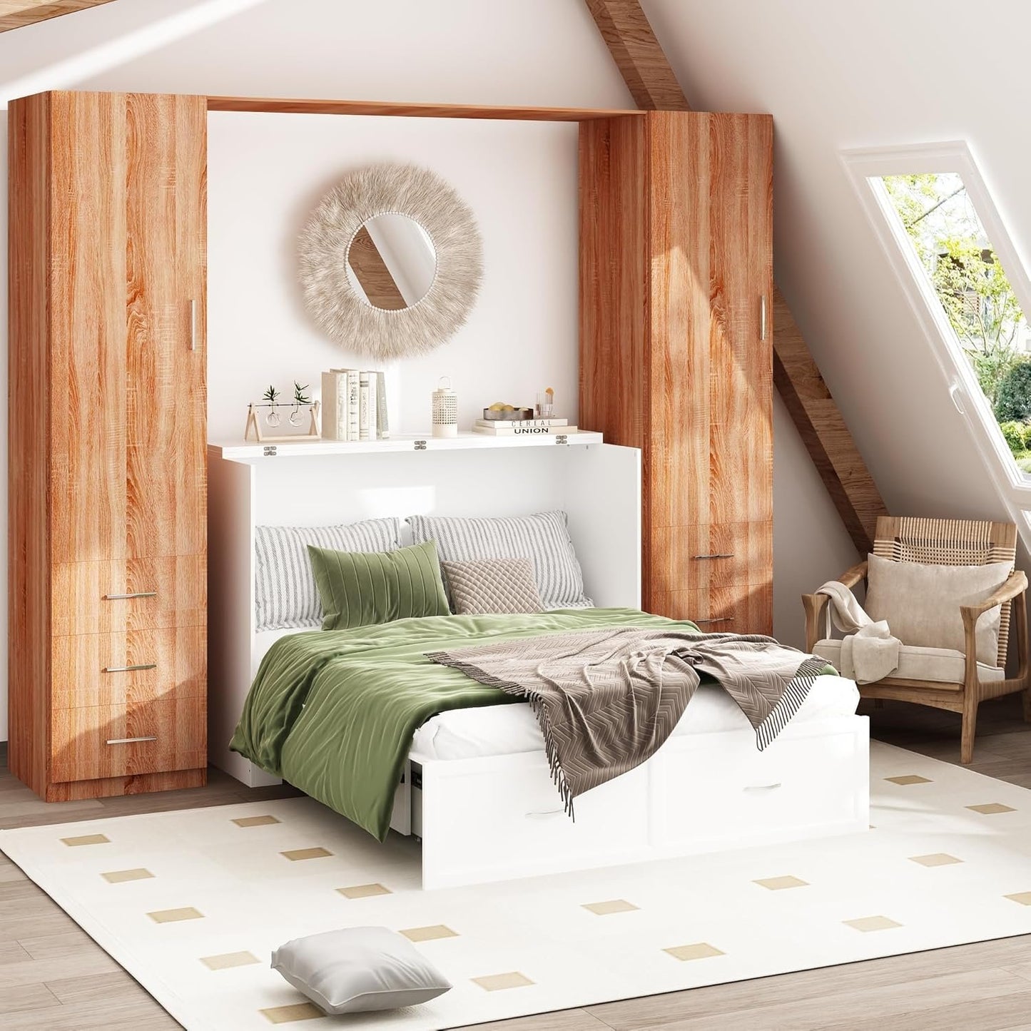 ECACAD Multi-Functional 2-in-1 Murphy Cabinet Bed, Full Size Bed Frame Murphy Bed Chest with Built-in Power Strip & 3 Drawers, Full Foldable Platform Bed, White