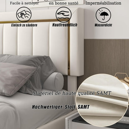 BRILVERDE Double Padded Bed, 160 x 200 cm, Bed Frame with Storage Compartment and Slatted Base, Hydraulic Bed with Headboard, Velvet (Open White, 160 x 200 cm)