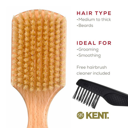 Kent OG4 Rectangular Beachwood Gentlemen's Hair and Facial Brush for Beard Care, Exfoliating Natural Boar Bristle for Men's Grooming, Hair Care, and Beard Straightener