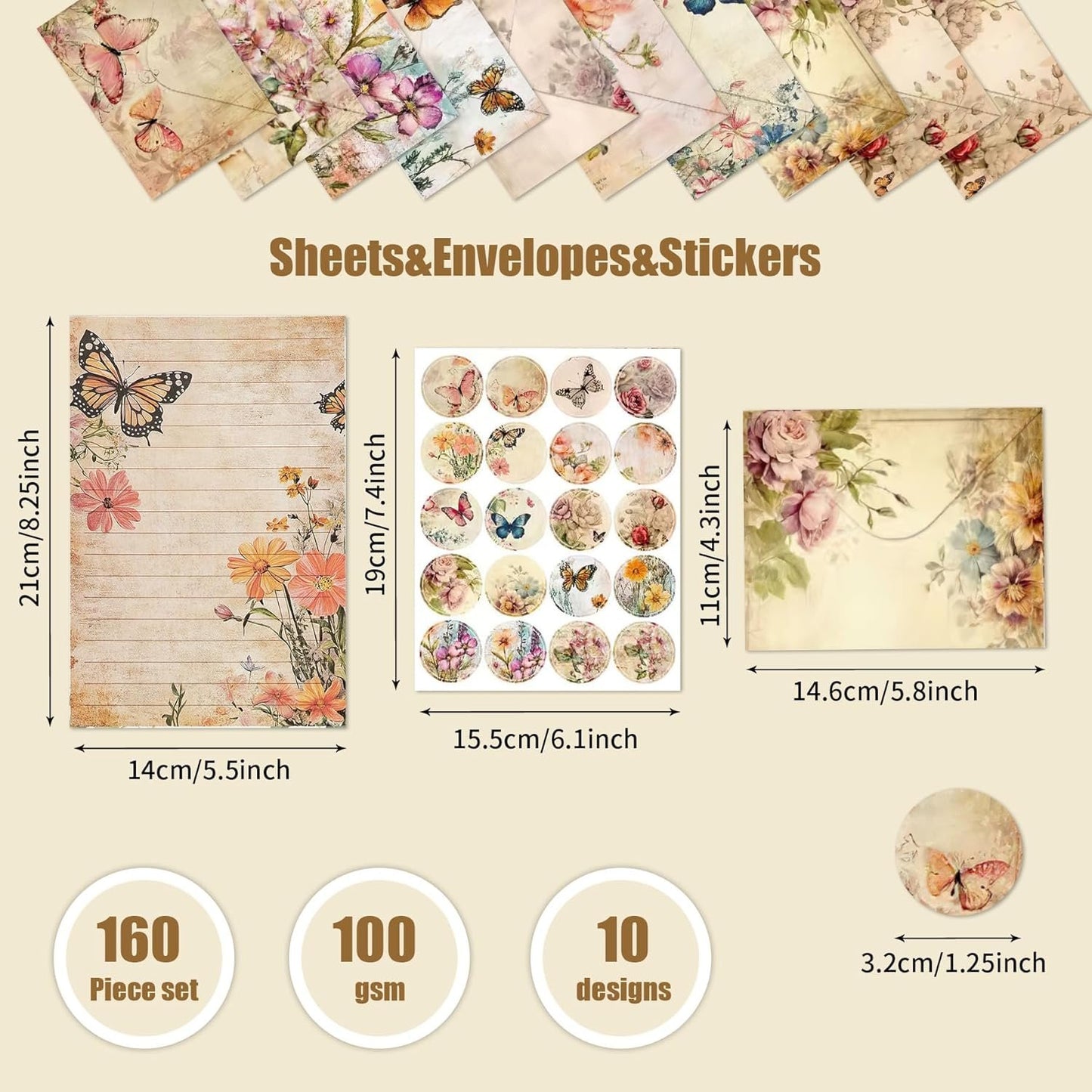 RAORAOYUE 160 Pcs Stationery Paper Set, Nature Vintage Floral Butterfly 50 Stationary Paper 50 Envelopes 60 Round Dot Sticker