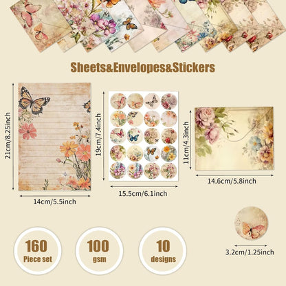 RAORAOYUE 160 Pcs Stationery Paper Set, Nature Vintage Floral Butterfly 50 Stationary Paper 50 Envelopes 60 Round Dot Sticker