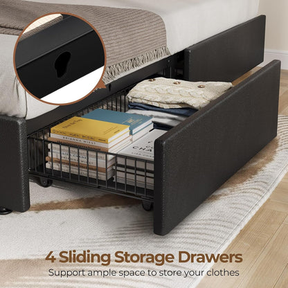 Rolanstar Full Size Bed Frame with 4 Storage Drawers and Charging Station, Upholstered PU Leather Bed with Adjustable Headboard and LED Lights, No Box Spring Needed, Easy Assembly, Black