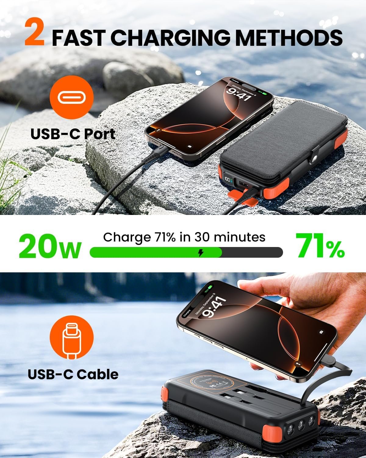SOARAISE Wireless Solar Power Bank, 25000mAh Solar Charger with Built-in 3 Cables, Dual Outputs, 4 Solar Panels & 3 LED Flashlights Battery Pack for Outdoor Camping