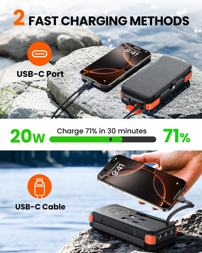 SOARAISE Wireless Solar Power Bank, 25000mAh Solar Charger with Built-in 3 Cables, Dual Outputs, 4 Solar Panels & 3 LED Flashlights Battery Pack for Outdoor Camping