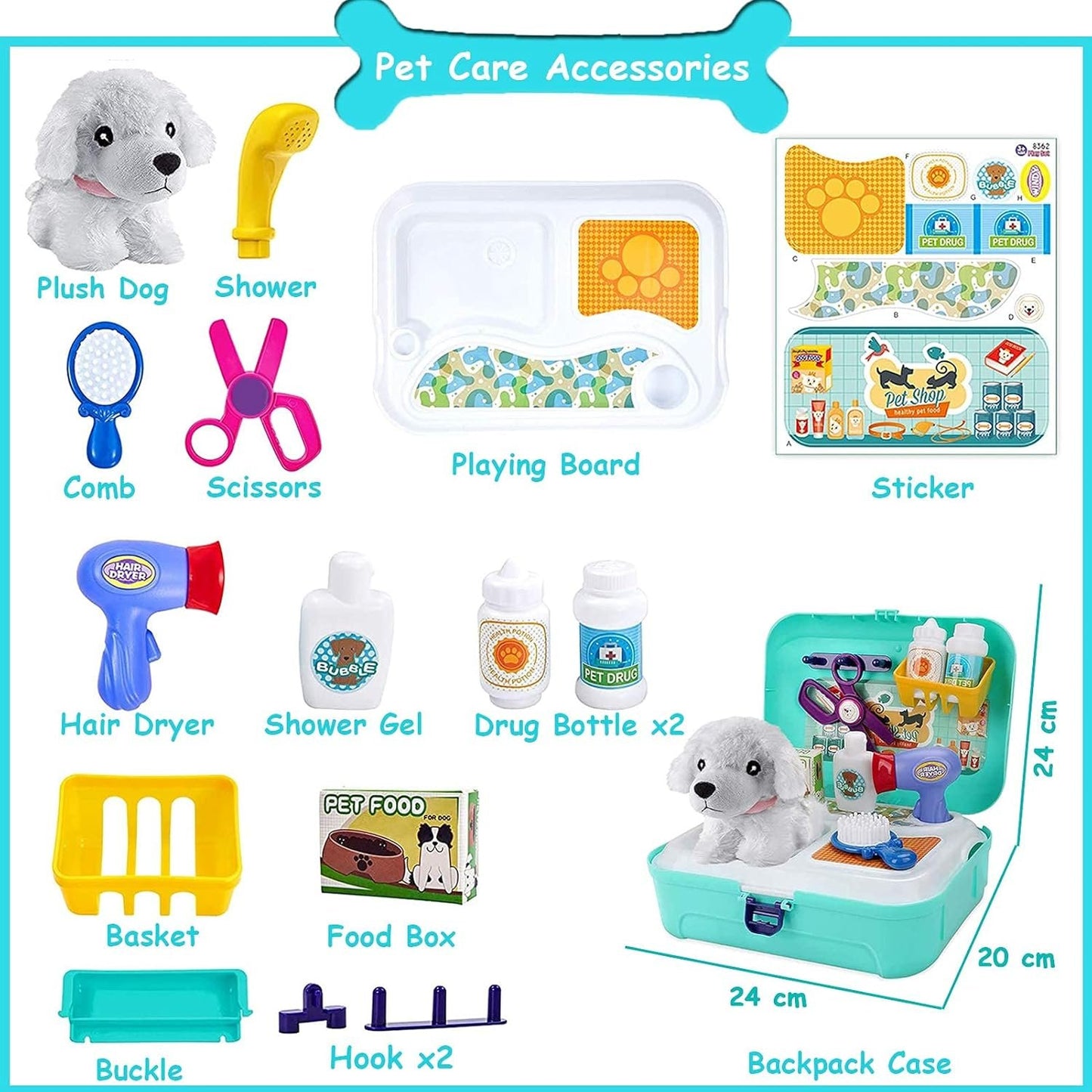 TEUVO Pet Care Play Set Pretend Play Vet Kit for Kids, 16Pcs Doctor Pretend Play Vet Dog Grooming Toys Puppy Dog Carrier Feeding Dog Educational Backpack Gifts for Girls Boys 3-7 Years Old