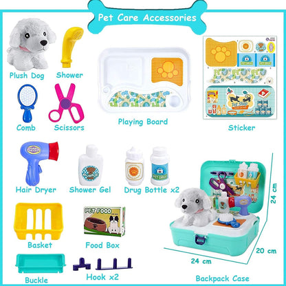 TEUVO Pet Care Play Set Pretend Play Vet Kit for Kids, 16Pcs Doctor Pretend Play Vet Dog Grooming Toys Puppy Dog Carrier Feeding Dog Educational Backpack Gifts for Girls Boys 3-7 Years Old