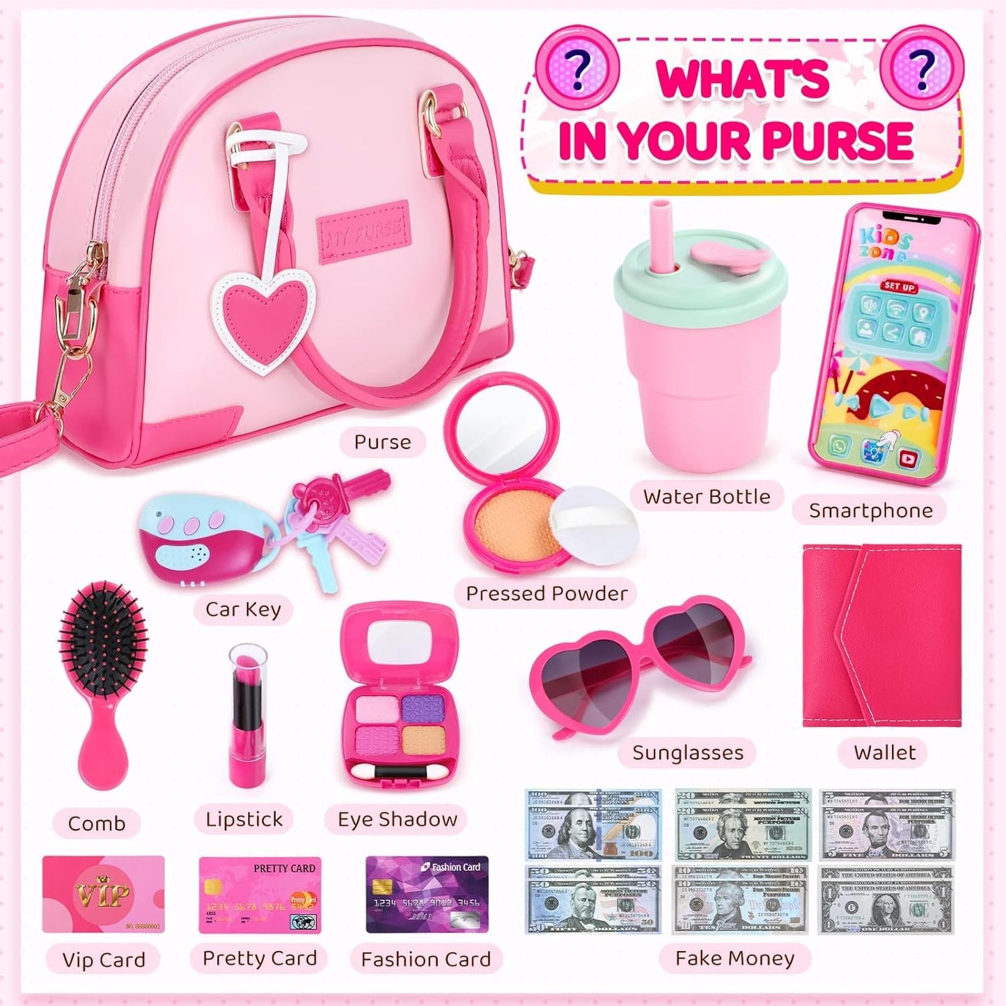 INNOCHEER Little Girls Purse, Kids Toy Purse with Pretend Makeup, Play Purse for Little Girls, Pretend Play Toddler Purse, Birthday Christmas Princess Gifts Toys for Girls 3 4 5 6 7 8 Year Old