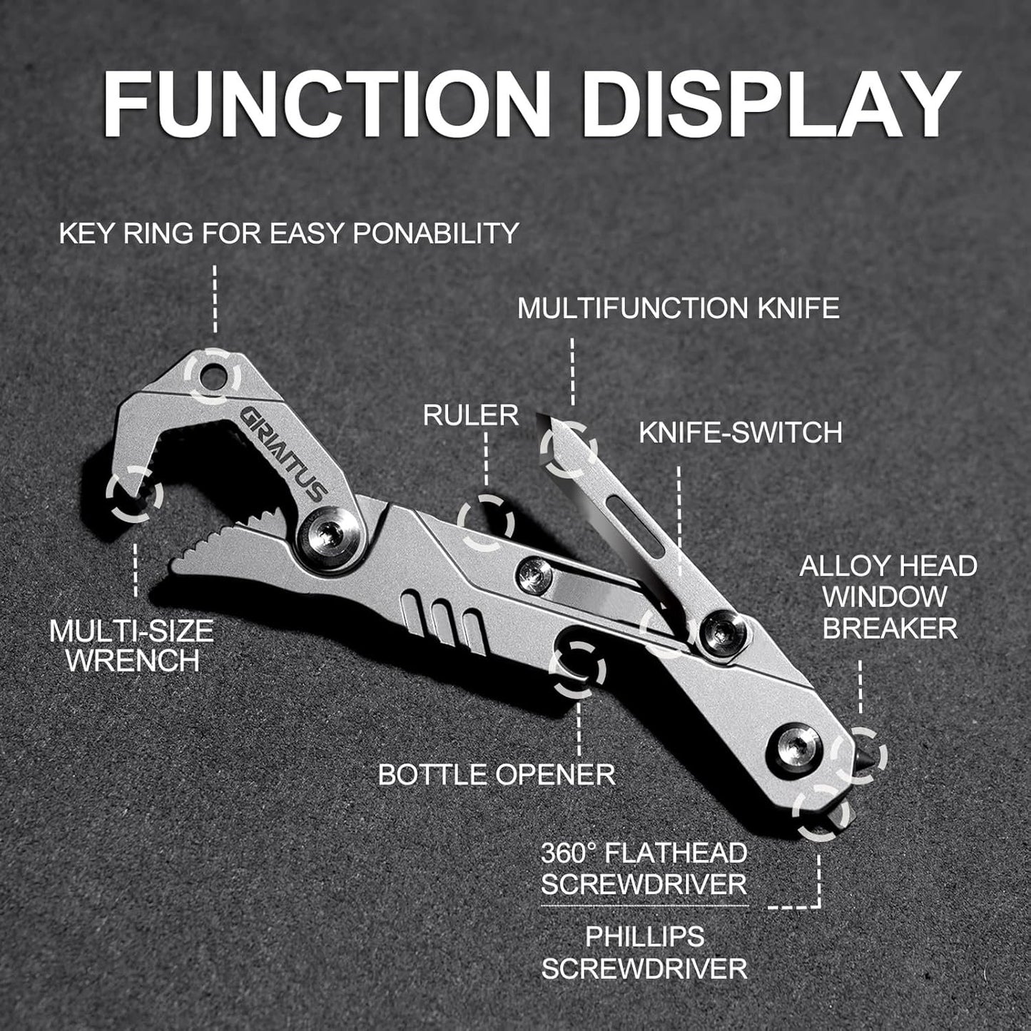 GIRIAITUS 7 in 1 EDC Multitool Camping Accessories with Wrench Folding Knife Screwdriver Bottle Opener Ruler Car Window Breaker Seatbelt Cutter Outdoor Fishing Camping Pocket Multi Tool Gifts for Men