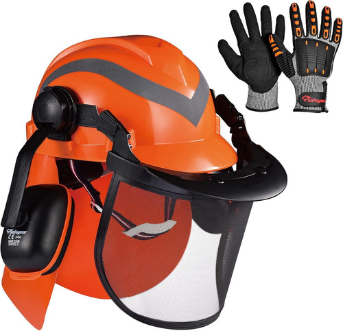 SAFEYEAR Forestry Hard Hat, Cap Style Chainsaw Safety Helmet with 6 Point Ratchet Suspension for Women & Men, with Adjustable Ear Muffs & Face Shield Visor, Neck Shade,Cut-Resistant Gloves