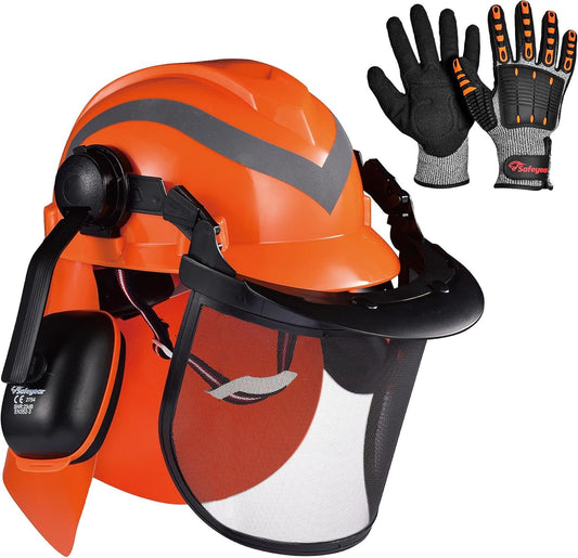 SAFEYEAR Forestry Hard Hat, Cap Style Chainsaw Safety Helmet with 6 Point Ratchet Suspension for Women & Men, with Adjustable Ear Muffs & Face Shield Visor, Neck Shade,Cut-Resistant Gloves