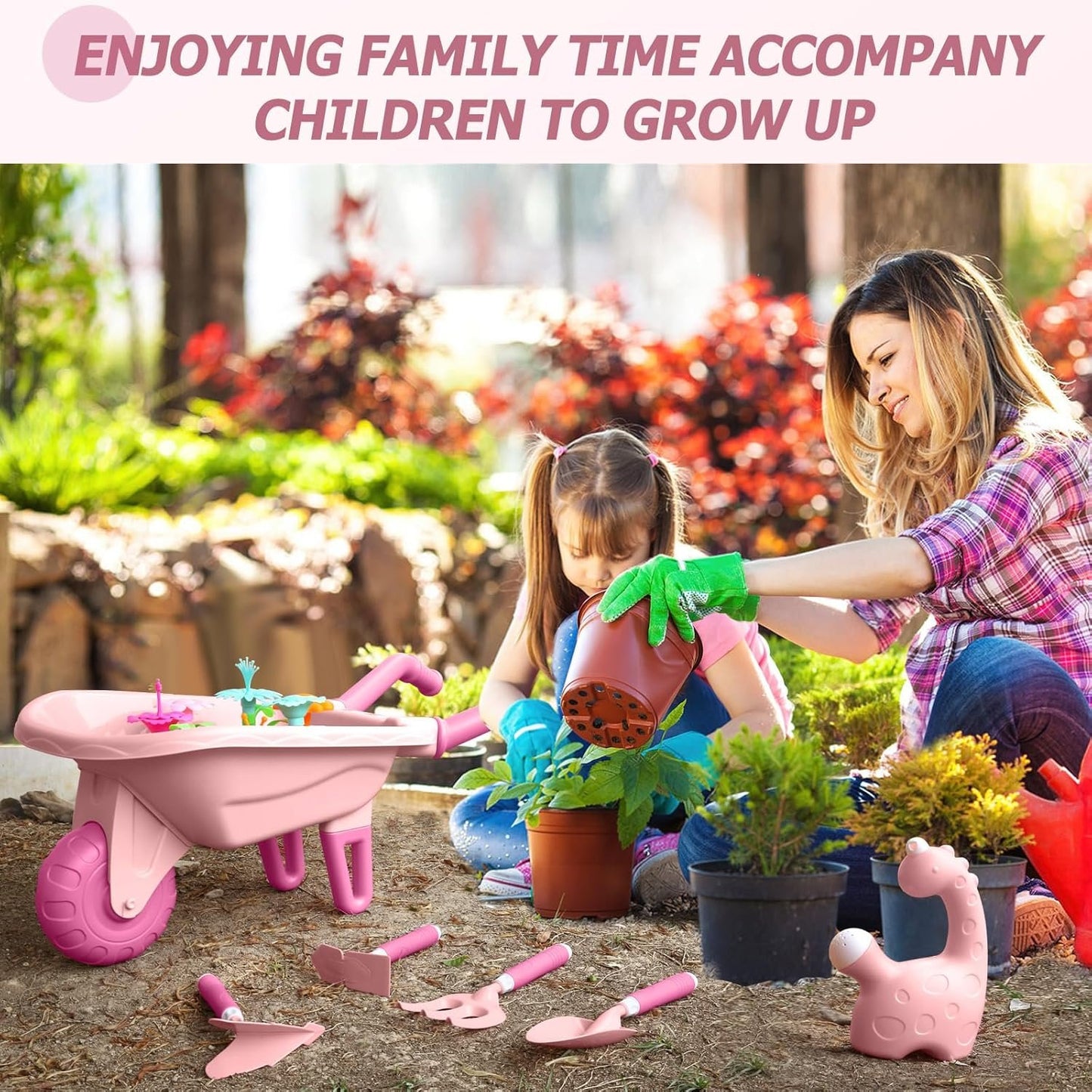 Qtioucp 16Pcs Kids Gardening Tools Set Backyard Play with Wheelbarrow, Apron, Watering Can and More Educational STEM Learning Pretend Toys Outdoor Indoor for Toddlers Kids Boys Girls (Pink)