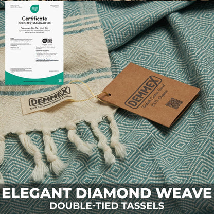 DEMMEX Organic Cotton Diamond Turkish Hand Towels for Bathroom & Kitchen – Set of 2 - Decorative Lightweight Towels for Hand, Face, Dish, Bath, Travel | 100% Oeko-TEX Certified, 46x92cm, Beige
