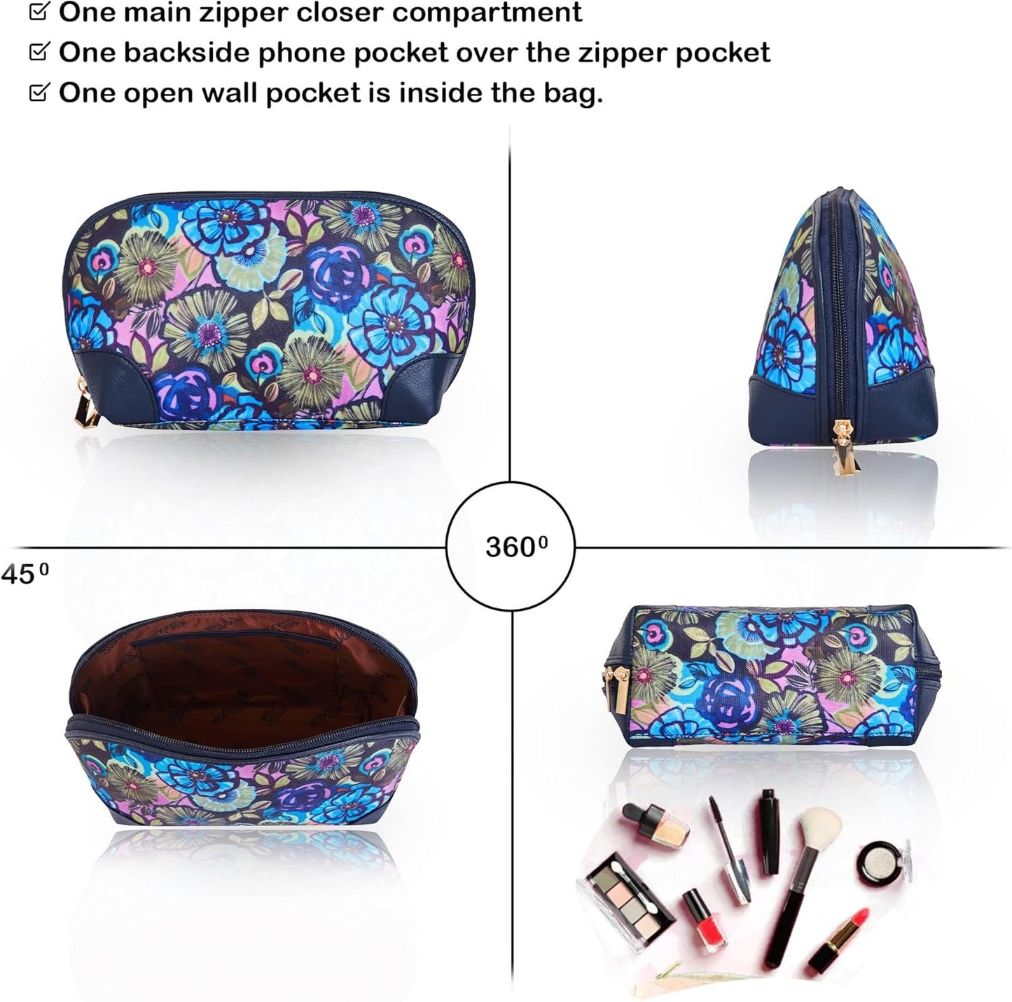 SISHKA Floral Print Cosmetic Bag for Women – Stylish Travel Pouch with Leather Detailing – Great Gift for Valentine’s Day, Mother’s Day, Birthday & Anniversary