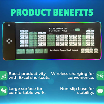 Excel Shortcuts Mouse Pad with Wireless Charging & RGB Lights â€“ Large Non-Slip Mouse Mat with Excel Keyboard Shortcuts, 15 W Wireless Charger & Colourful LED Lighting for Office & Home