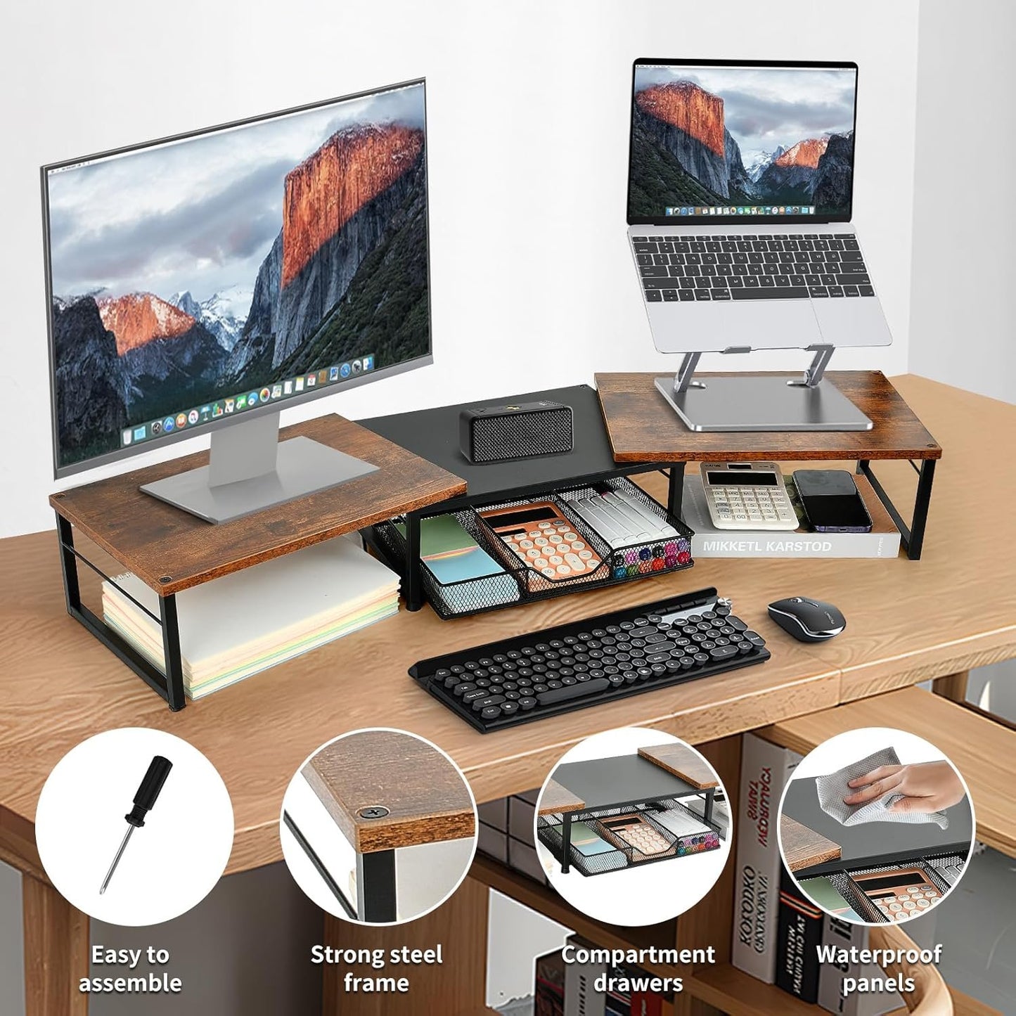 OPNICE Dual Monitor Stand Riser, Desk Organizer with Drawer, Office Desk Organizers and Accessories, Office Workspace Organization Computer Monitor Stand for Laptop, Printer, TV, Office Supplies,