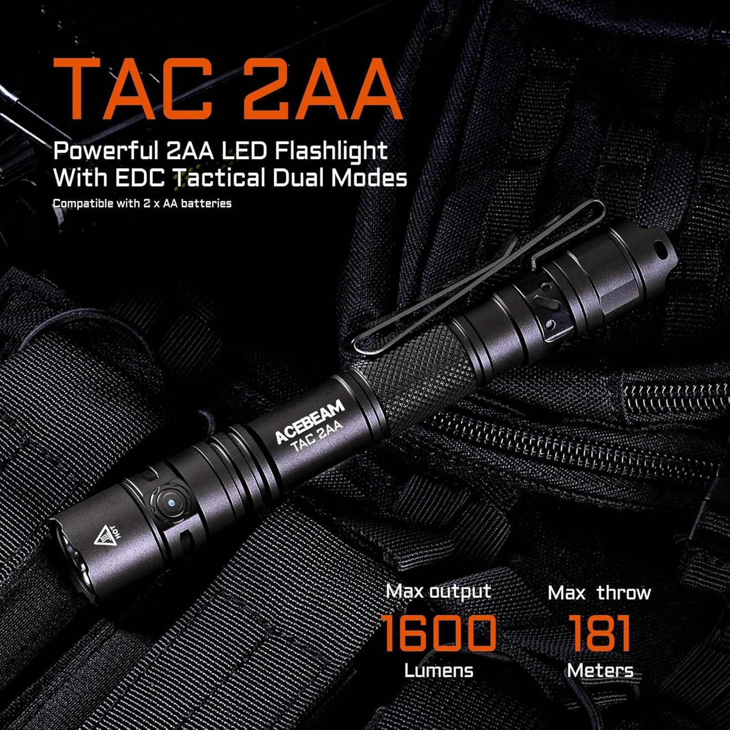 ACEBEAM TAC 2AA EDC Tactical Dual Modes Flashlight Rechargeable, 1600 High Lumens Flashlight, Dual Switch Pocket LED Flashlight, Super Bright Small Flash Light for Emergency, Camping, Home