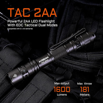 ACEBEAM TAC 2AA EDC Tactical Dual Modes Flashlight Rechargeable, 1600 High Lumens Flashlight, Dual Switch Pocket LED Flashlight, Super Bright Small Flash Light for Emergency, Camping, Home