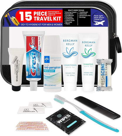 TrekTote 15-Piece Travel Toiletry Personal Care Travel Hygiene Essentials Bag with Unisex Toiletries TSA-Approved Travel Size Kit for Men and Women