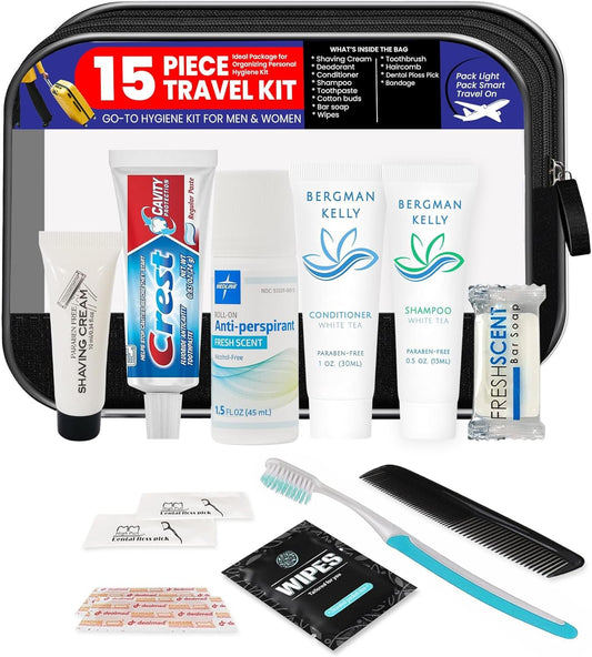 TrekTote 15-Piece Travel Toiletry Personal Care Travel Hygiene Essentials Bag with Unisex Toiletries TSA-Approved Travel Size Kit for Men and Women