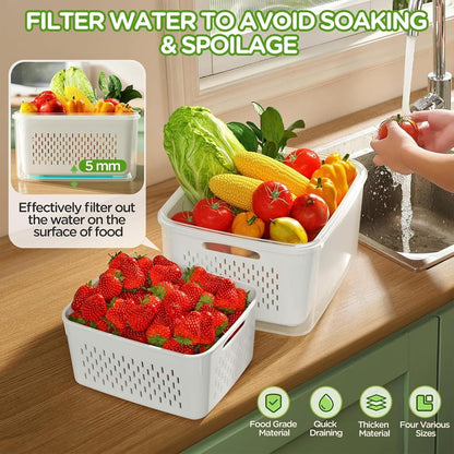 Fruit Storage Containers For Fridge, 5 Pack Leakproof Food Storage Containers with Removable Colander & Microwave Safe Fridge Organizer, Multi-Size Capacity with Lid & Colander for Home Kitchen
