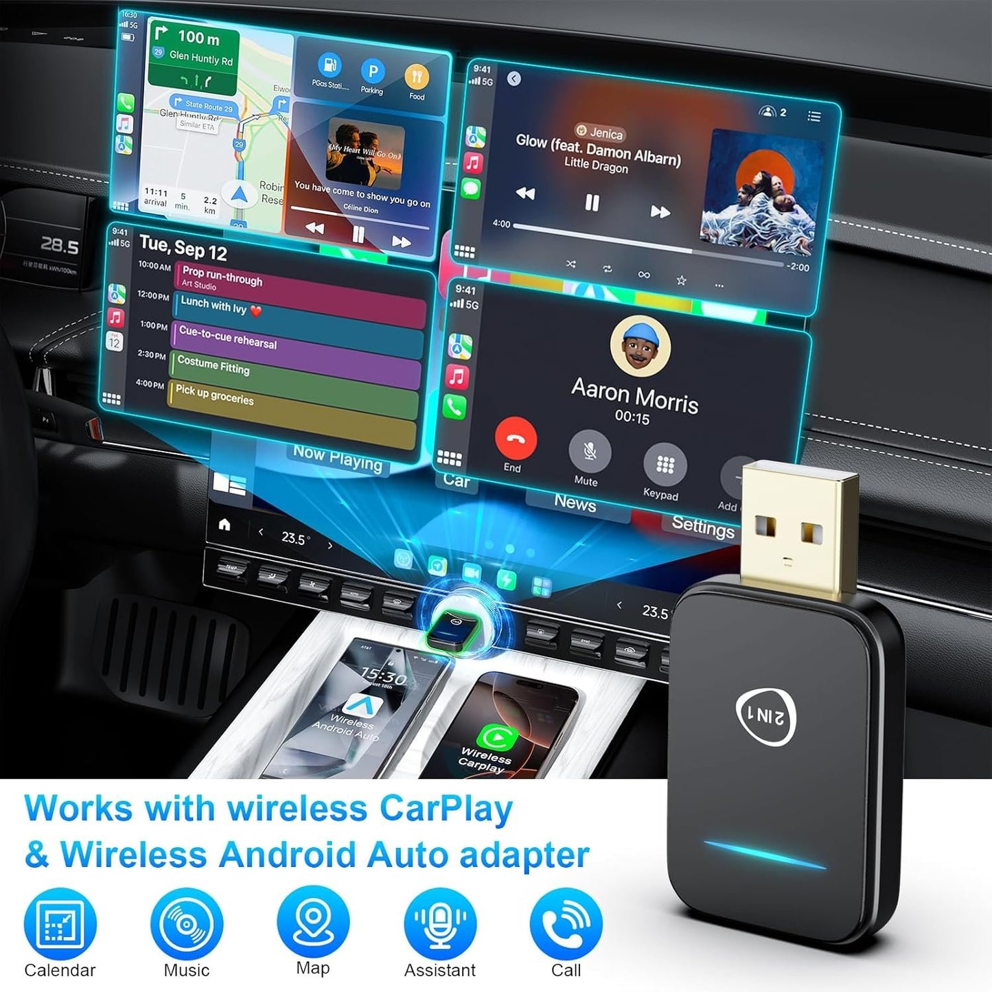 2 in 1 Wireless Carplay Adapter for iPhone, Android Auto Wireless Adpater, Plug & Play USB CarPlay Wireless Stick, Convert Wired Android Auto/Carplay to Wireless for Android 11+/iOS 10+ Phones