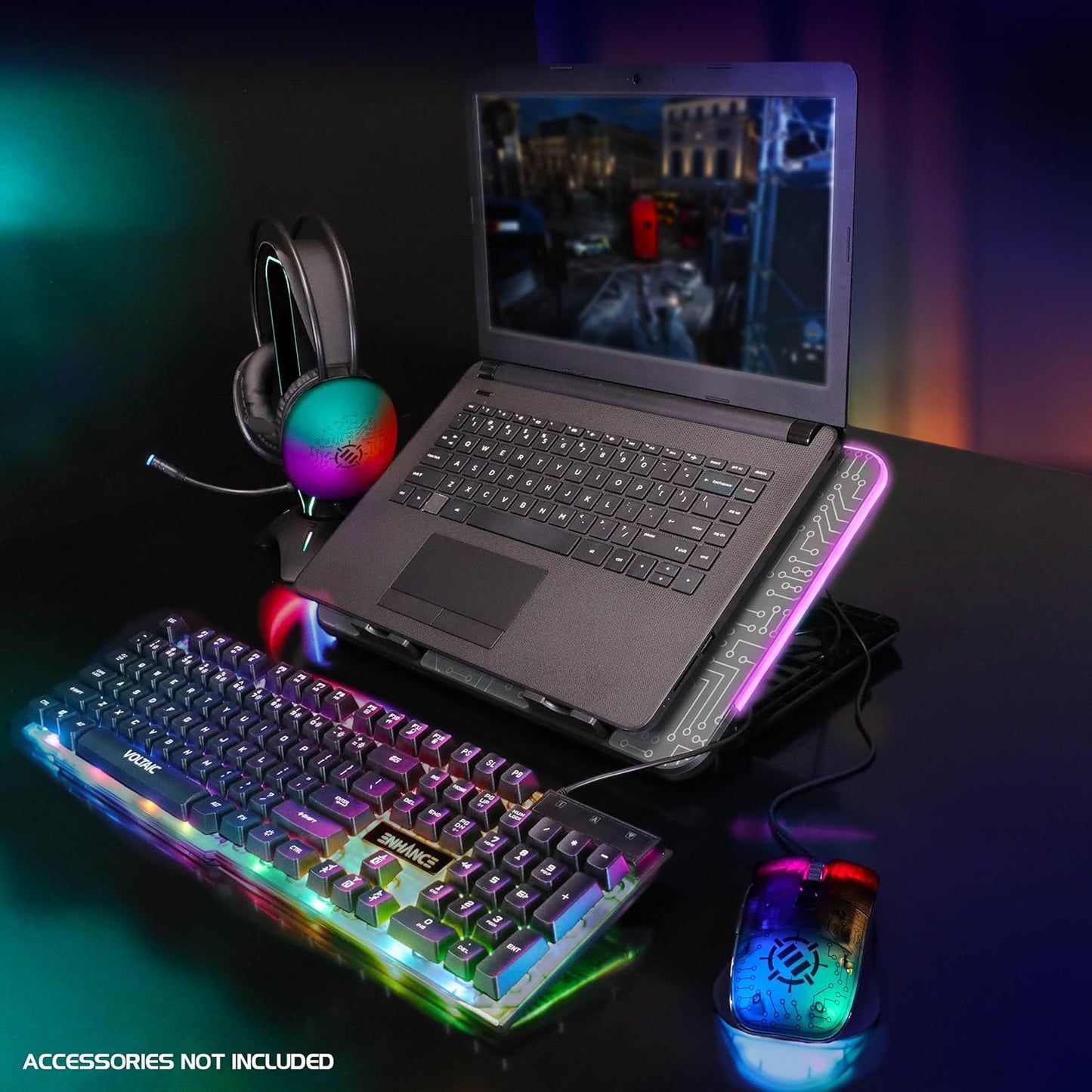 ENHANCE Voltaic 2 Laptop Cooling Stand - Laptop Cooling Pad with 6 Blue LED Fans, 7 Height Settings, RGB Lighting - Laptop Cooling Pad with Metal Surface and Phone Stand for 17 Inch Laptops