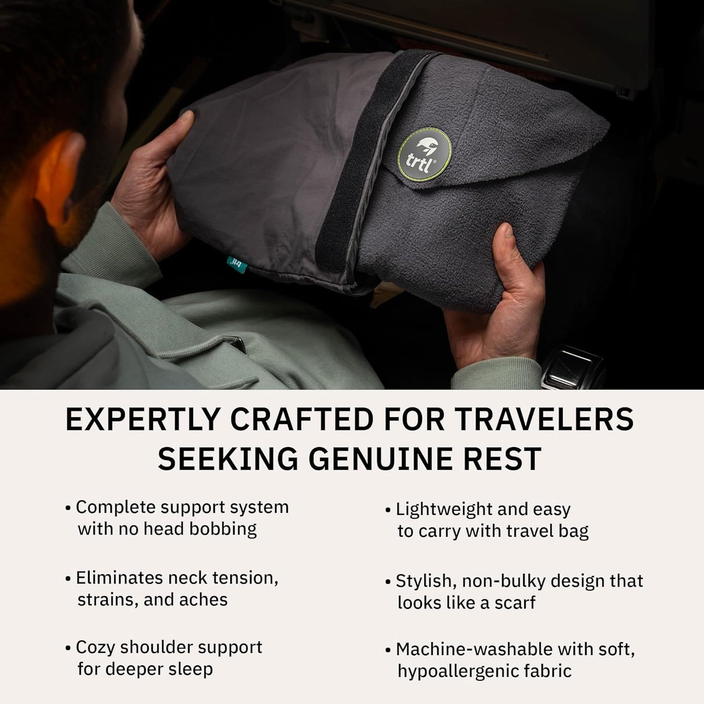 trtl Travel and Airplane Pillow - Real Sleeping Experience on Long Flights - Neck and Shoulder Support - Super-Soft, Lightweight, Easy-to-Carry - Machine-Washable Flight Pillow - Grey