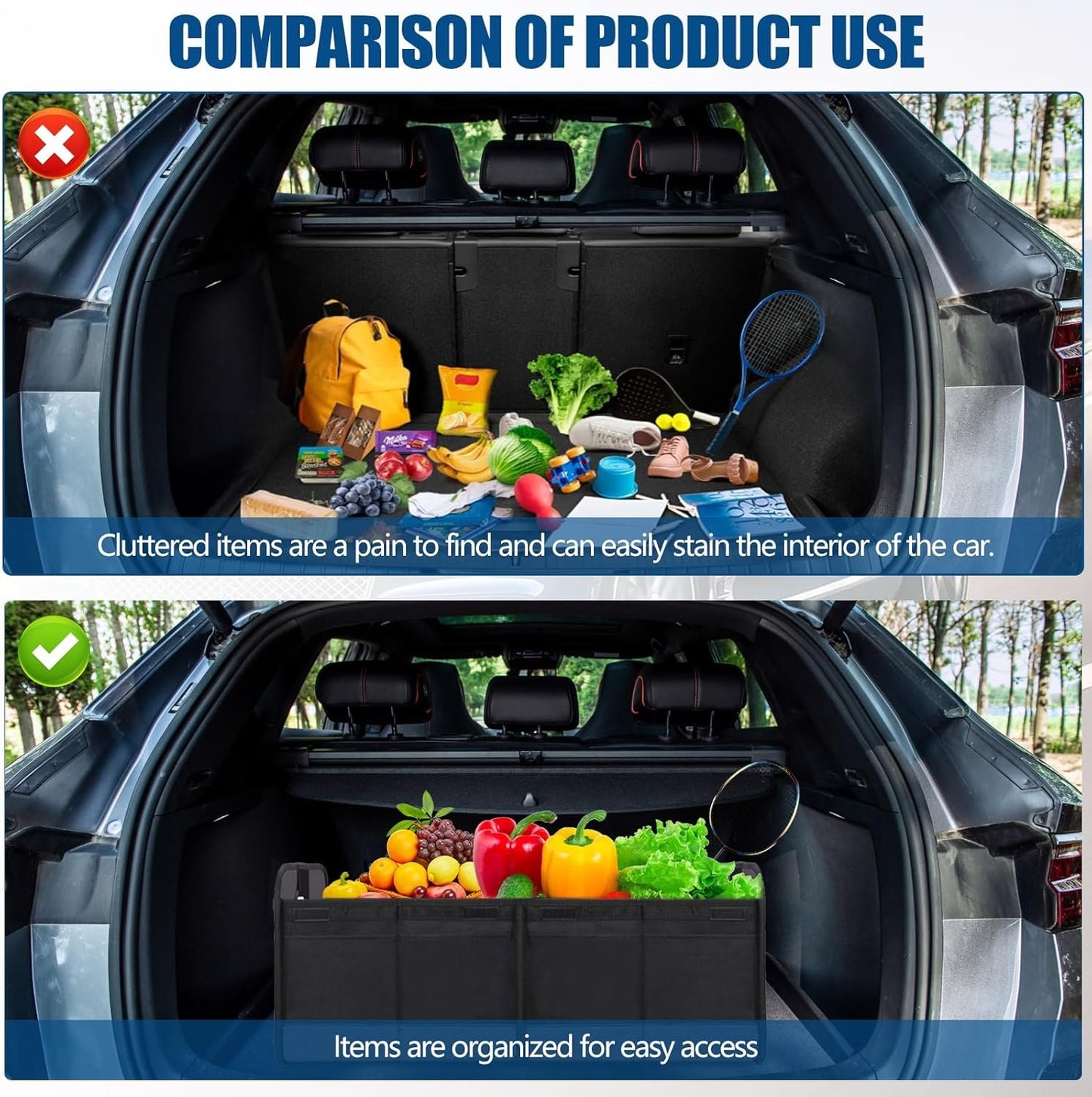 Car Trunk Organizer, Vehicle Boot Storage Bag, Super Capacity Seatback Collapsible Adjustable Compartment Reinforced Handles Trunk Tidy Cargo Organiser 600D for Sedan SUV RV ORV