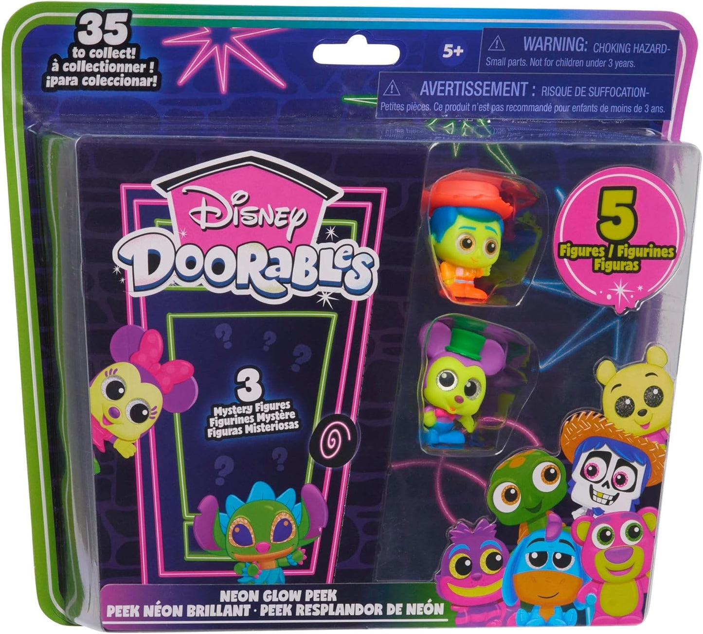 Just Play Disney Doorables Neon Glow Peek Figures, 5 Special Edition 1.5-inch Collectible Figurines, Kids Toys for Ages 5 Up