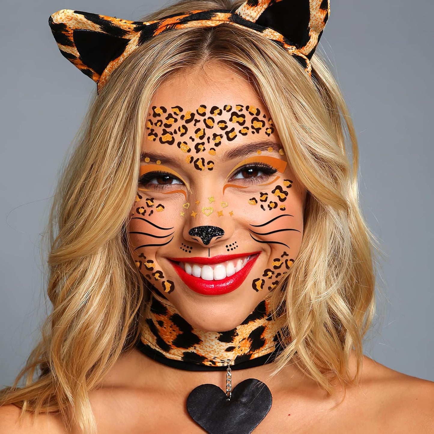 DPKOW Face Tattoos Leopard Costume Ladies Leopard Face Tattoo Halloween Leopard Temporary Tattoos Glitter Stones Face Make-up Leopard Cosplay Costumes Carnival Accessories