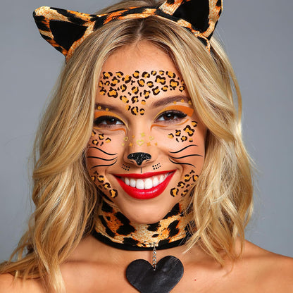 DPKOW Face Tattoos Leopard Costume Ladies Leopard Face Tattoo Halloween Leopard Temporary Tattoos Glitter Stones Face Make-up Leopard Cosplay Costumes Carnival Accessories