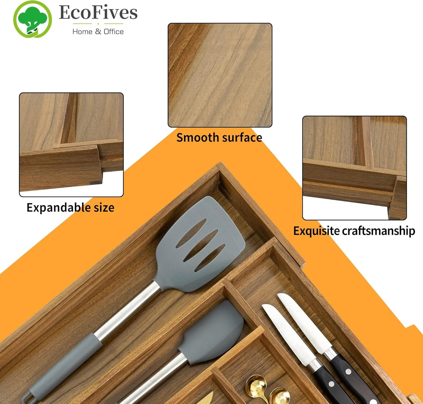 EcoFives Luxury Acacia Kitchen Drawer Organizer - Silverware Organizer - Utensil Holder and Cutlery Tray with Grooved Drawer Dividers for Flatware and Kitchen Utensils (8 Slot)