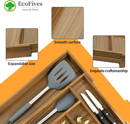 EcoFives Luxury Acacia Kitchen Drawer Organizer - Silverware Organizer - Utensil Holder and Cutlery Tray with Grooved Drawer Dividers for Flatware and Kitchen Utensils (8 Slot)