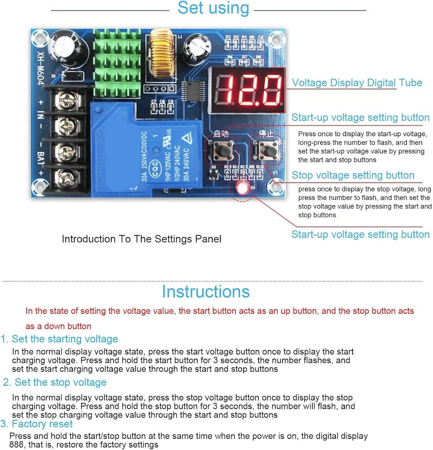 XH-M604 Board DC 6-60V Battery Charging Control Module with Digital Display for Home Solar Energy